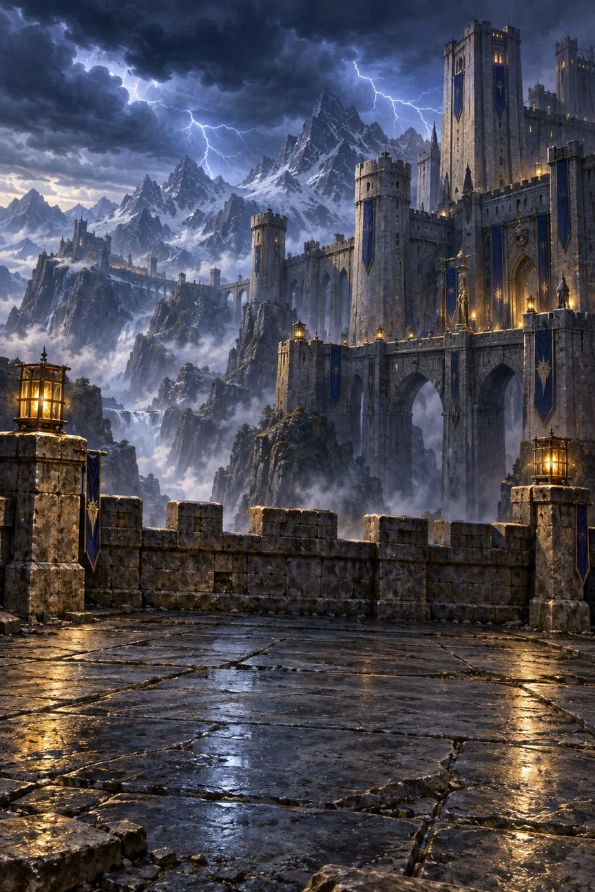 A storm-lit citadel terrace with hanging banners